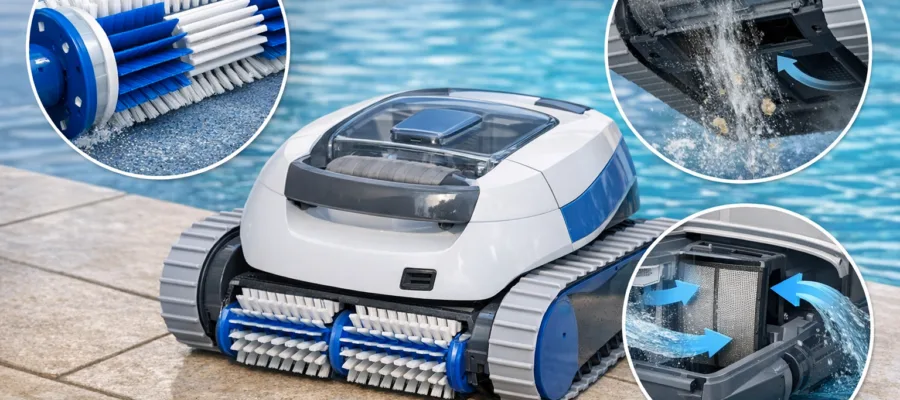 Reinigungstechniken von Poolrobotern: Buersten, Saugkraft und Wasserfuehrung erklaert