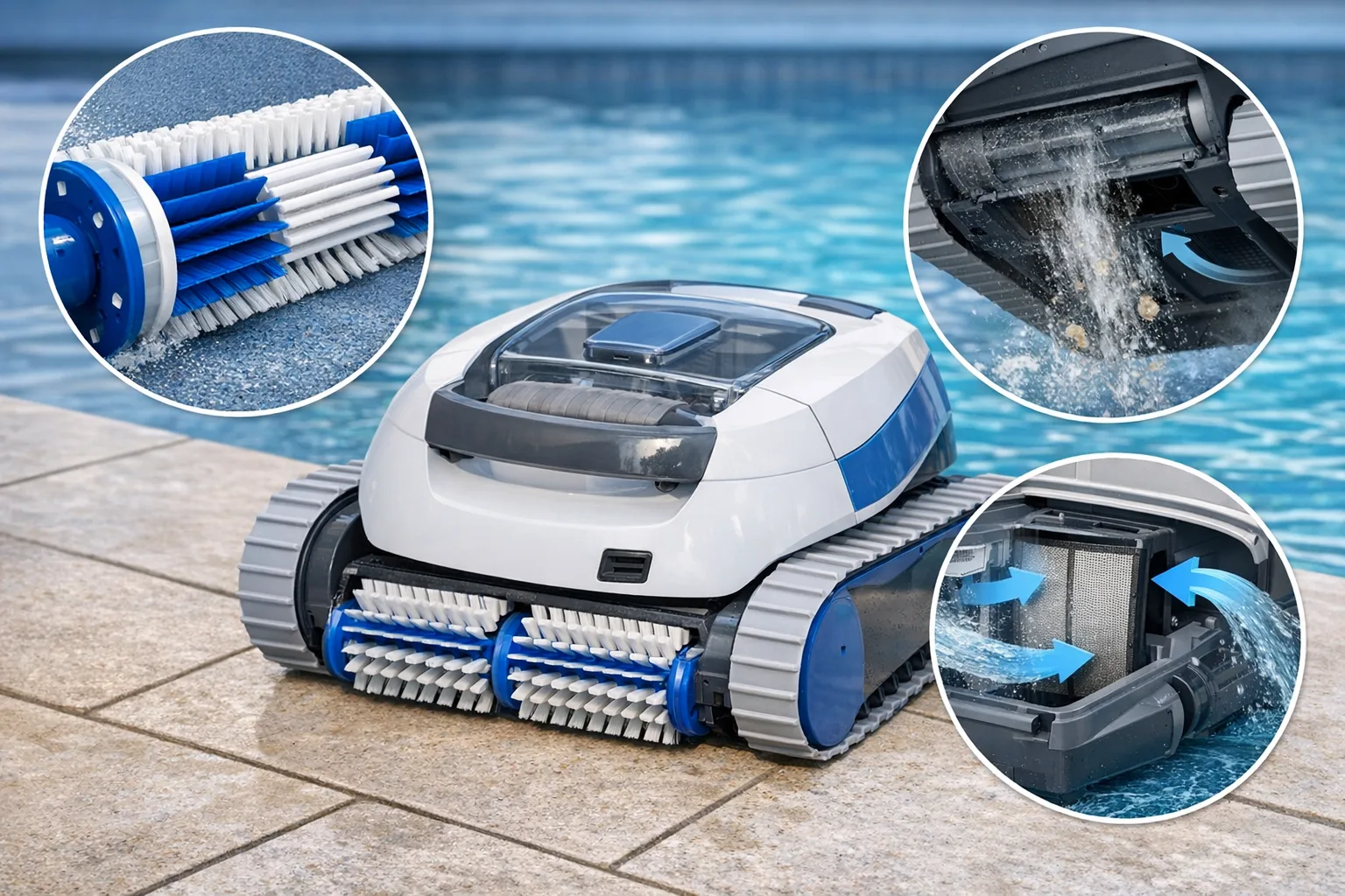 Reinigungstechniken von Poolrobotern: Buersten, Saugkraft und Wasserfuehrung erklaert