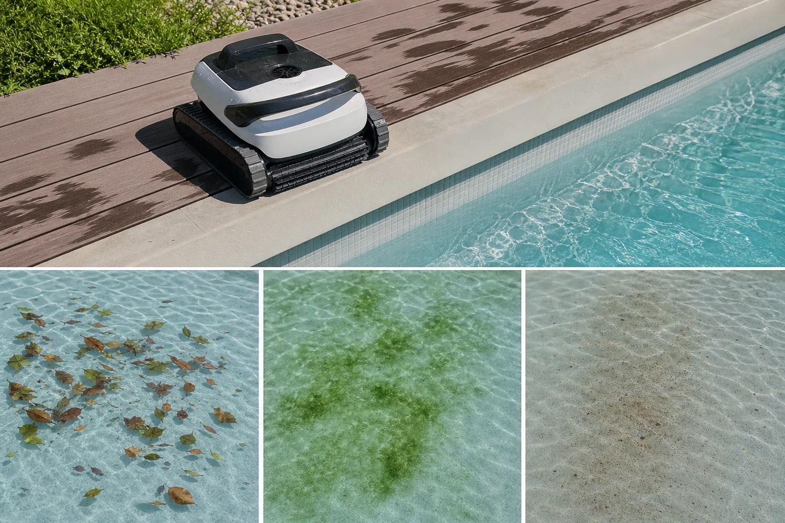 Poolroboter fuer verschiedene Verschmutzungsarten einstellen: Blaetter, Algen und Sand